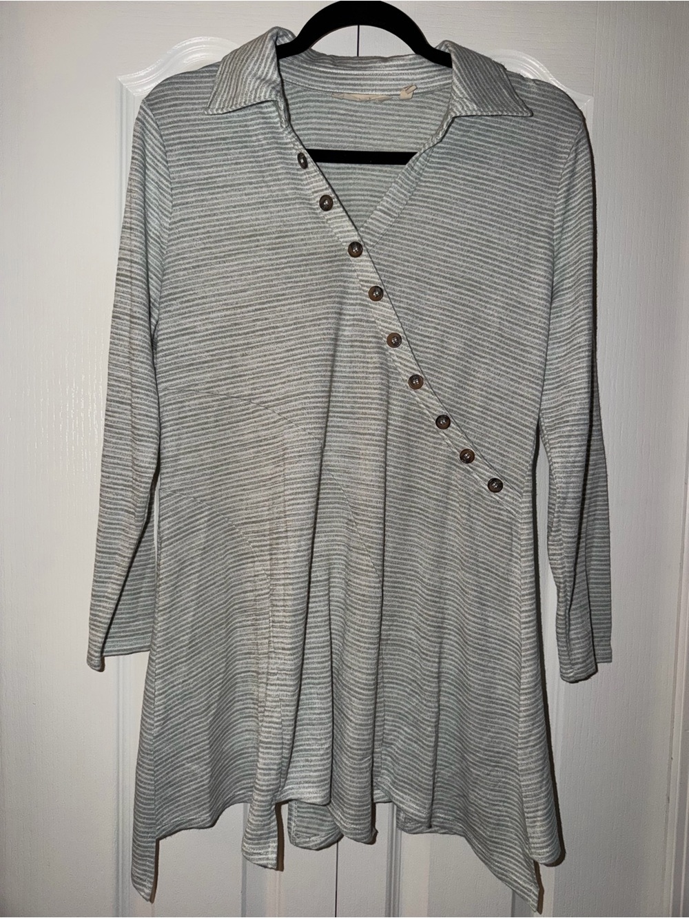 Soft Surroundings Grey & White Striped Asymmetric Button-Trim Tunic